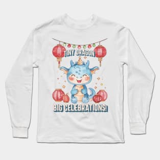 Celebrating with Tiny Dragon: Red & Baby Blue Watercolor Art Long Sleeve T-Shirt